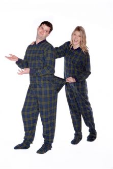 Navy Blue & Green Tartan Plaid Flannel Adult Footed Pajamas